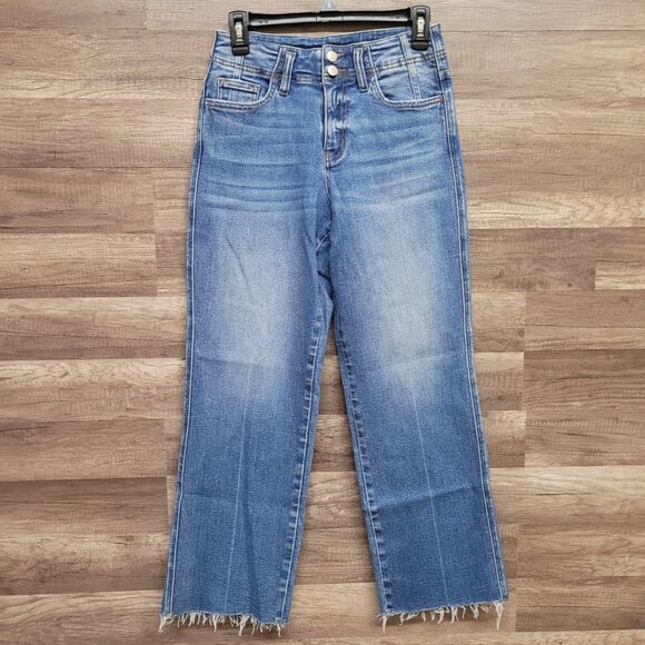 Flying Monkey Blue Boot Cut Jeans Frayed Raw Hem Cropped Ankle High Rise Size 26 - Picture 2 of 16